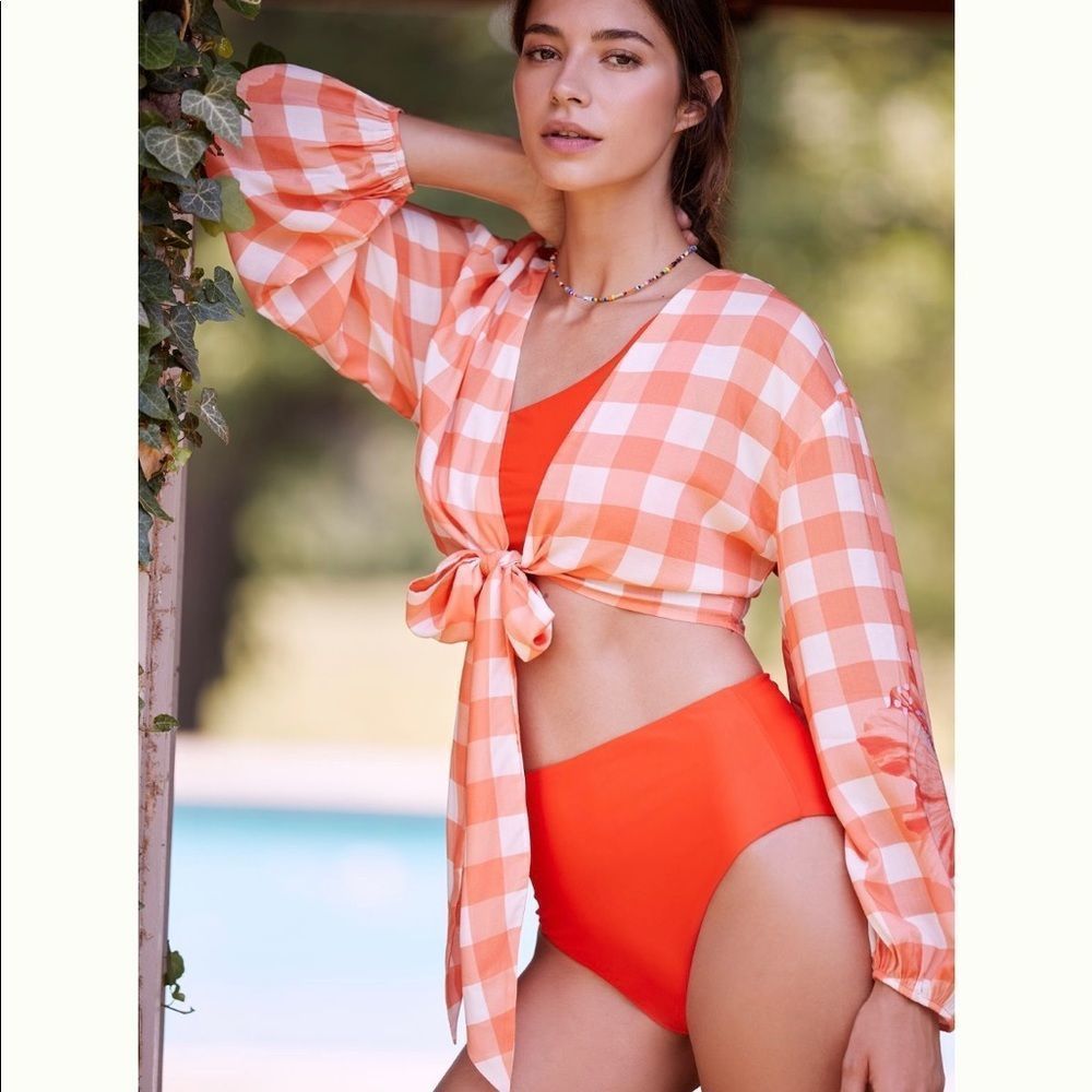 Anthropologie Orange Classic High Waisted Bikini Bottoms Swimsuit New Me…